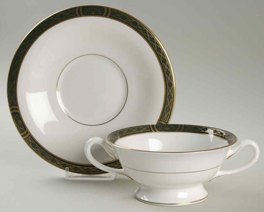 Mountbatten Green Footed Cream Soup Bowl & Saucer Set by Royal Worcester-1