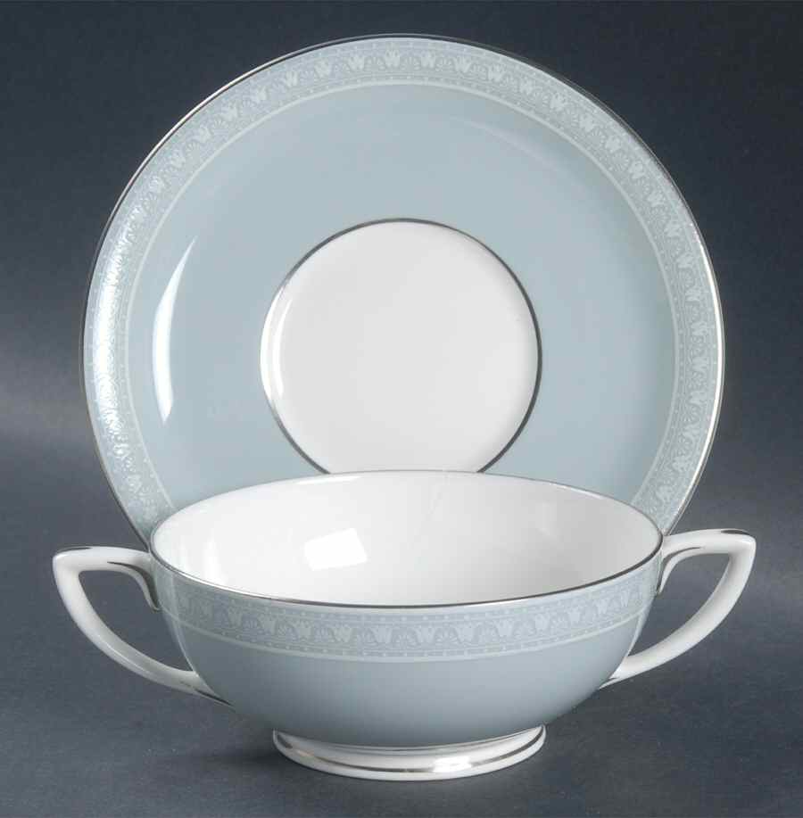 Orleans (Platinum Trim) Footed Cream Soup Bowl & Saucer Set by Royal Worcester-1