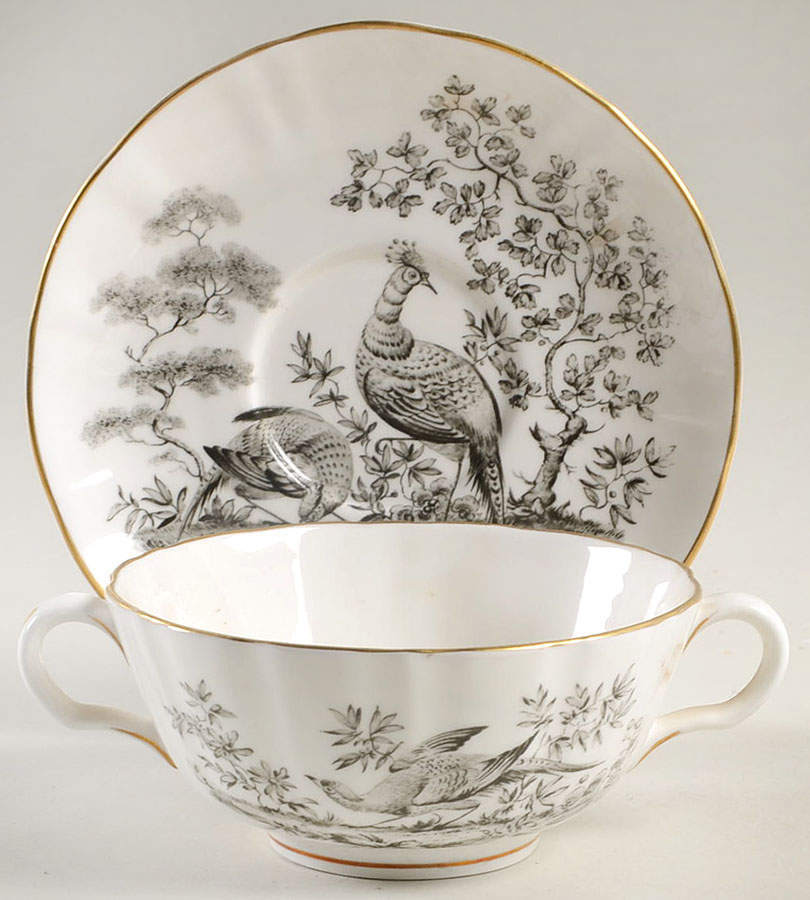 Pheasant Black Footed Cream Soup Bowl & Saucer Set by Royal Worcester-1