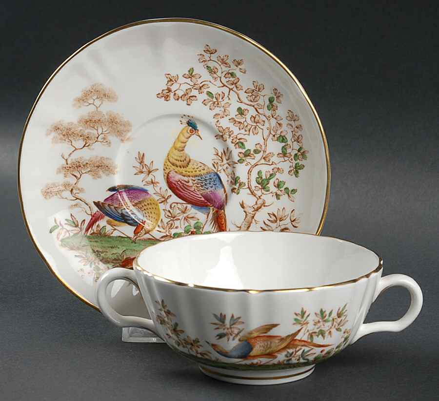 Pheasant Multicolor Footed Cream Soup Bowl & Saucer Set by Royal Worcester-1