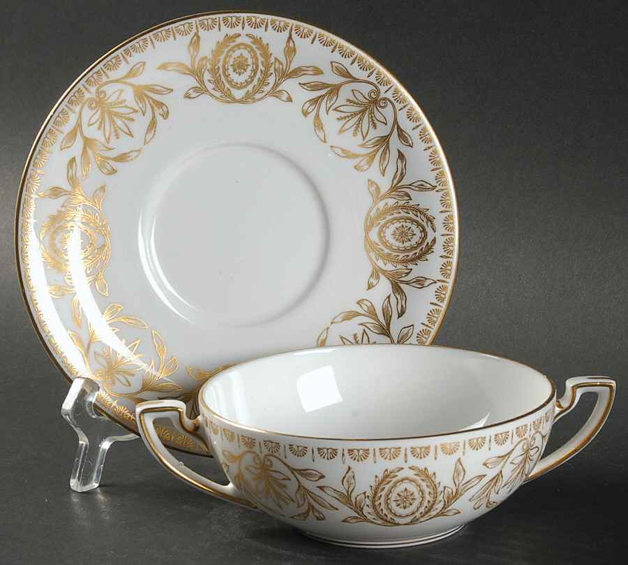 Pompadour Gold and White Flat Cream Soup Bowl & Saucer Set by Royal Worcester-1