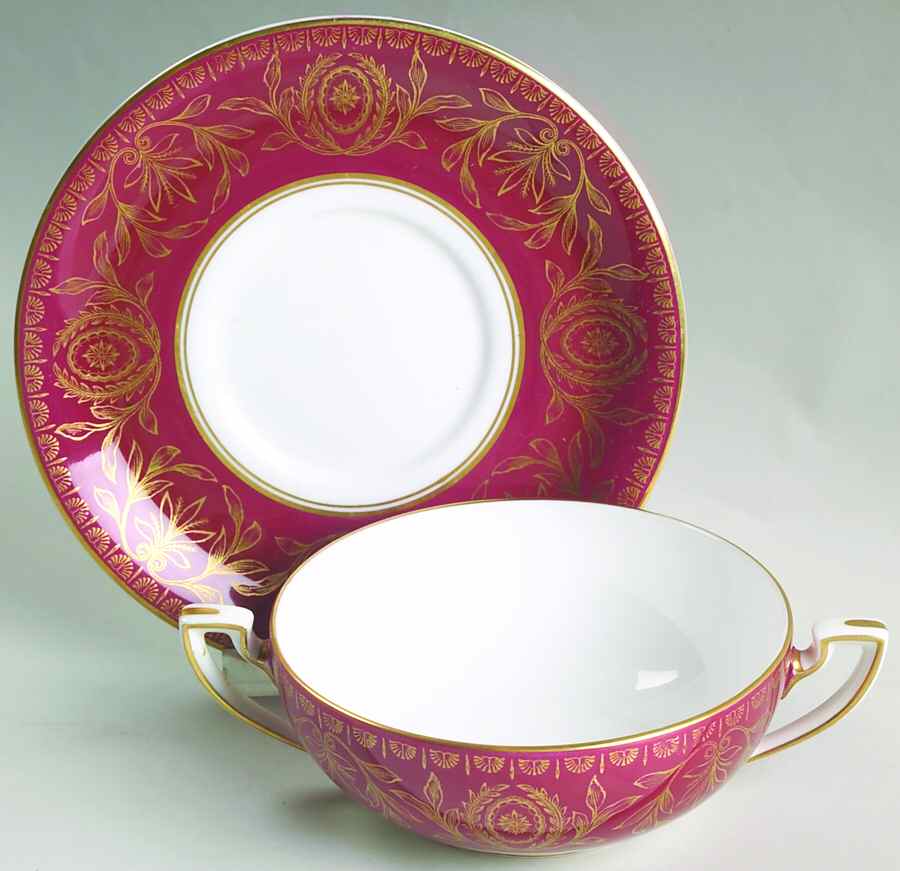 Pompadour Red and Gold Flat Cream Soup Bowl & Saucer Set by Royal Worcester-1