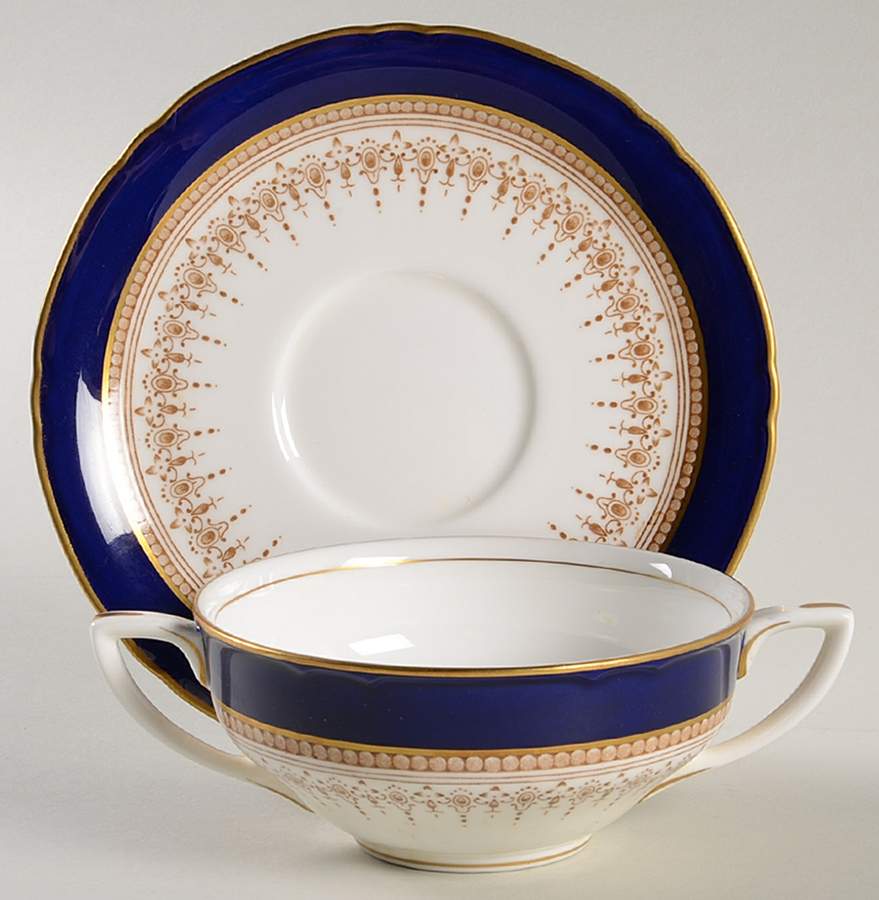 Regency Blue Flat Cream Soup Bowl & Saucer Set by Royal Worcester-1