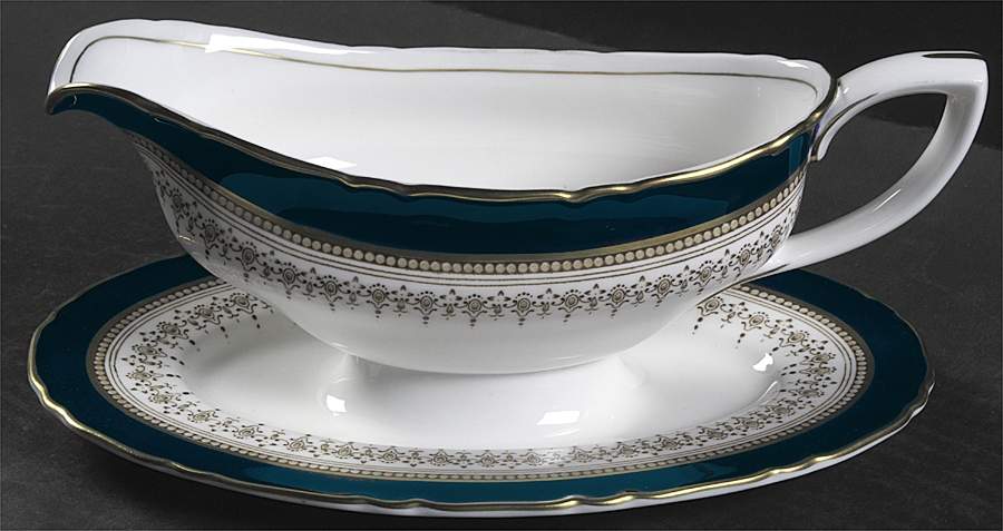 Regency Blue Gravy Boat with Attached Underplate by Royal Worcester-1