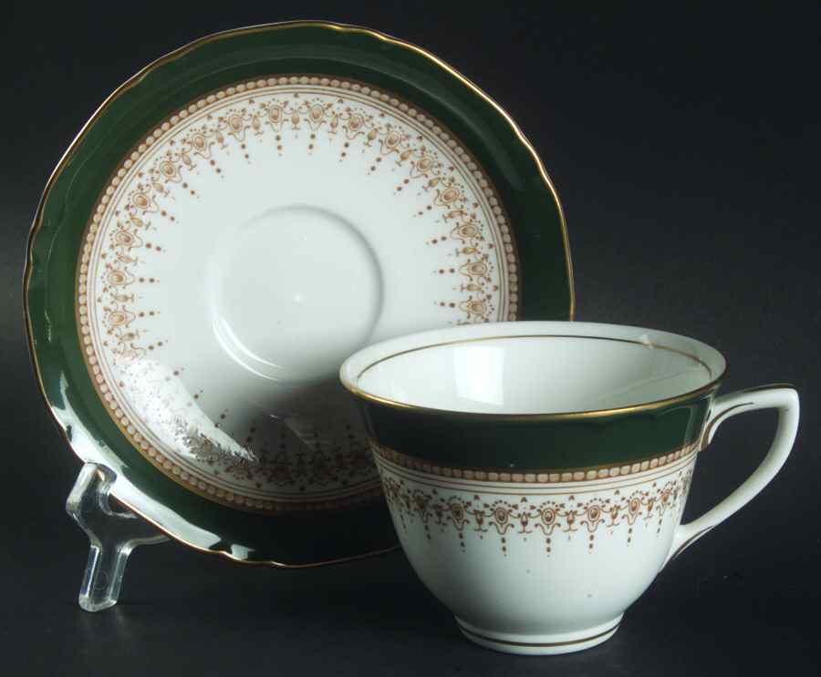 Regency Green and Brown (Newer) Flat Cup & Saucer Set by Royal Worcester-1