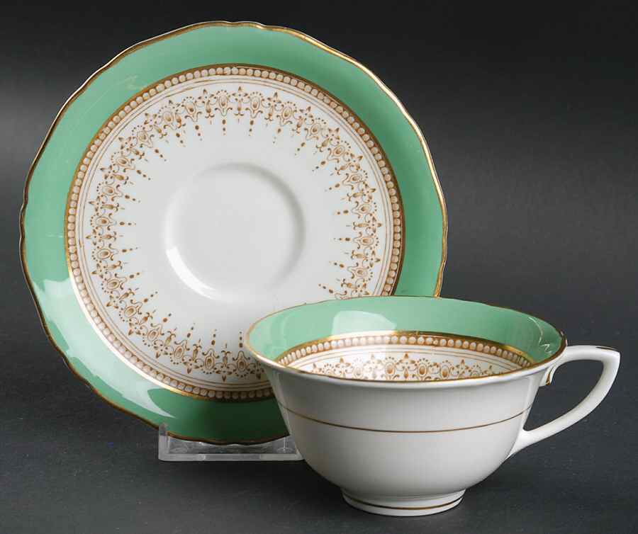 Regency Green and Brown (Older) Flat Cup & Saucer Set by Royal Worcester-1