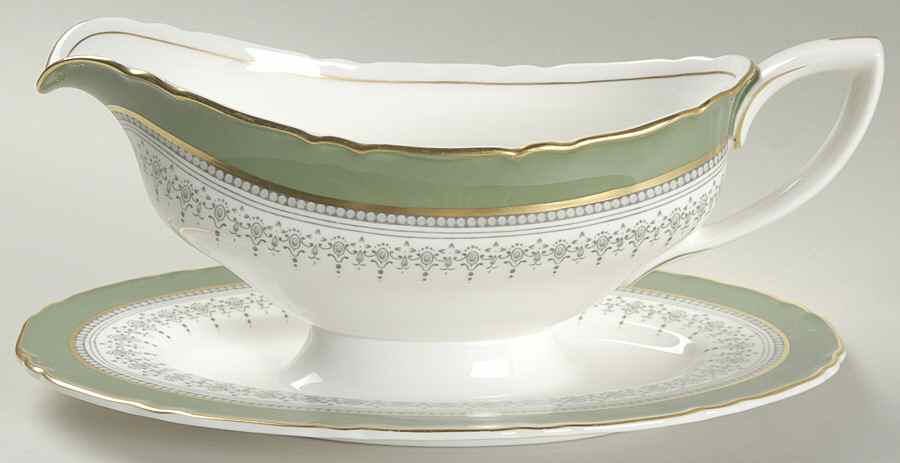 Regency Green and Gray (Newer) Gravy Boat with Attached Underplate by Royal Worcester-1