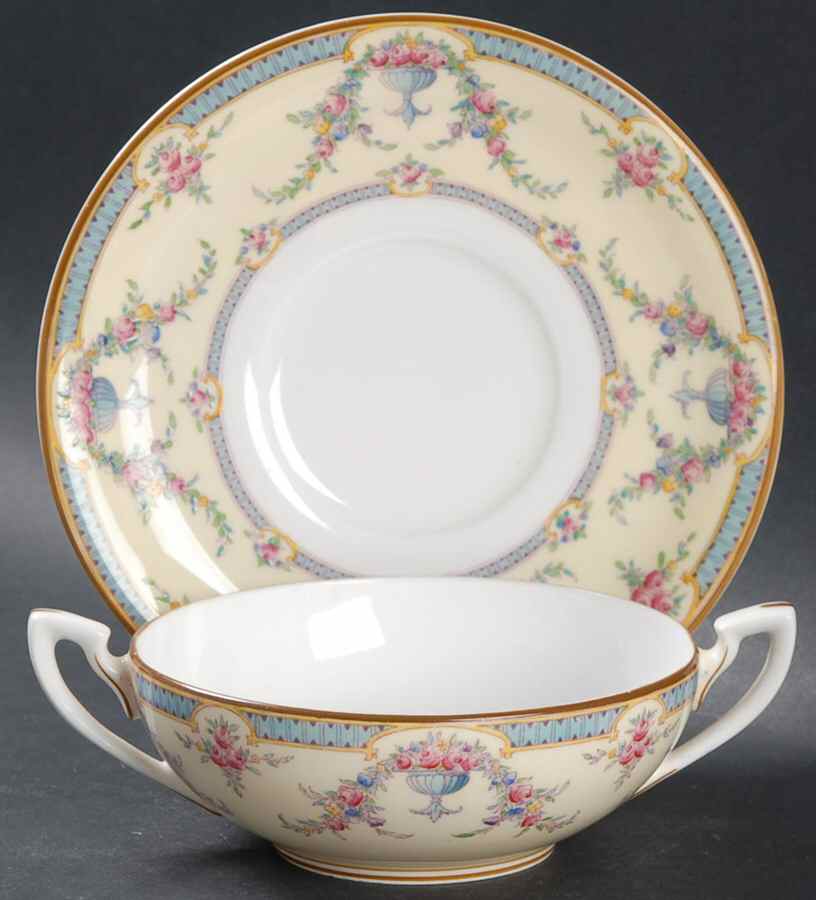 Rosemary Sky Blue Cream Flat Cream Soup Bowl & Saucer Set by Royal Worcester-1