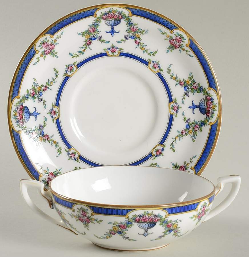 Rosemary Dark Blue White Flat Cream Soup Bowl & Saucer Set by Royal Worcester-1