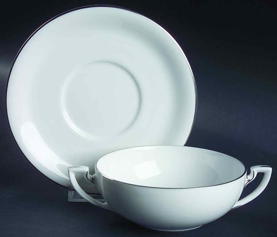 Snow (Z2699-2, Platinum Trim) Flat Cream Soup Bowl & Saucer Set by Royal Worcester-1