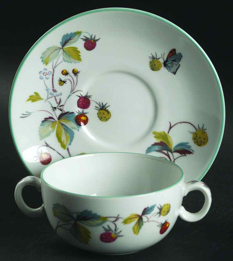 Strawberry Fair (Oven To Table, Bluetrim) Flat Cream Soup Bowl & Saucer Set by Royal Worcester-1