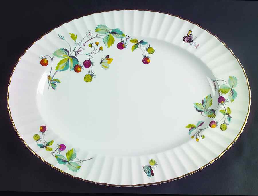 Strawberry Fair (Bone, Rim, Fluted, Gold) 15" Oval Serving Platter by Royal Worcester-1