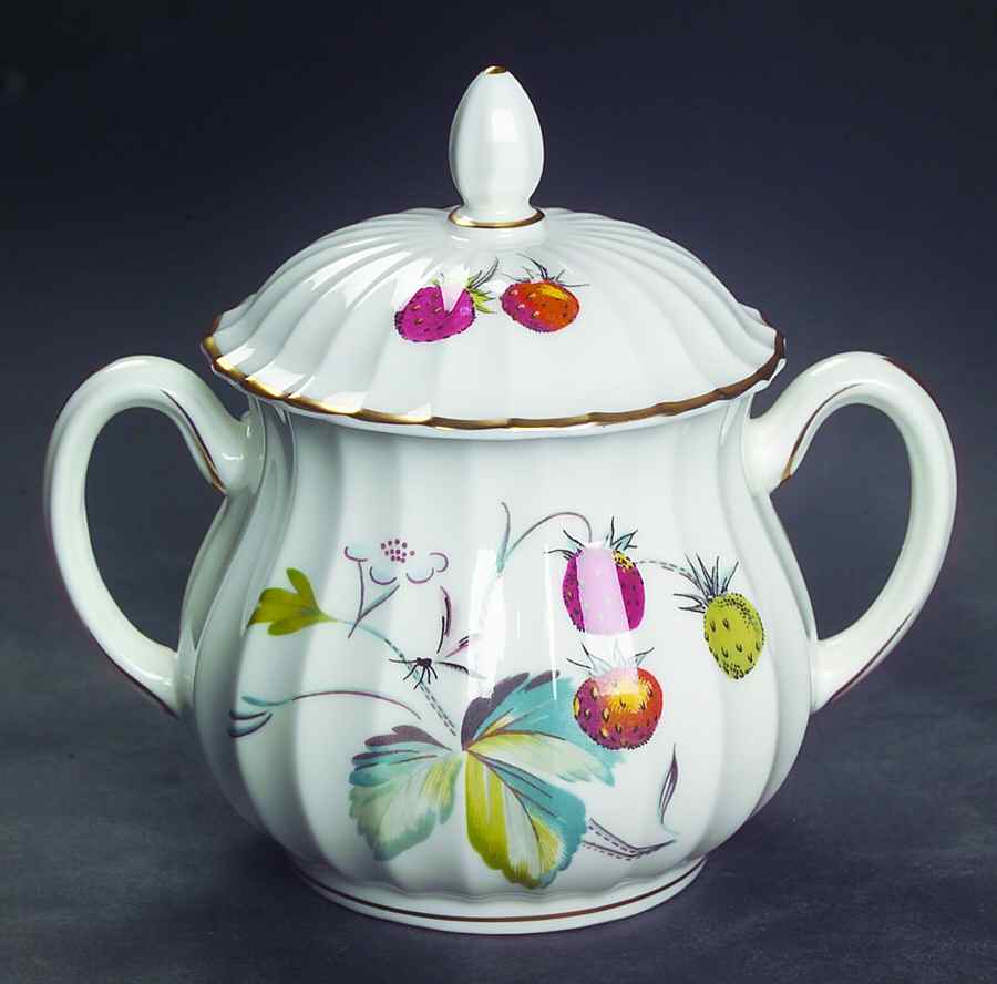 Strawberry Fair (Bone, Rim, Fluted, Gold) Sugar Bowl & Lid by Royal Worcester-1