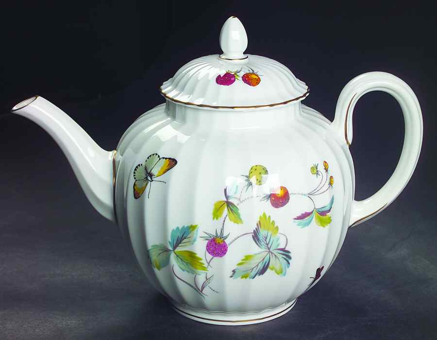 Strawberry Fair (Bone, Rim, Fluted, Gold) Teapot & Lid by Royal Worcester-1