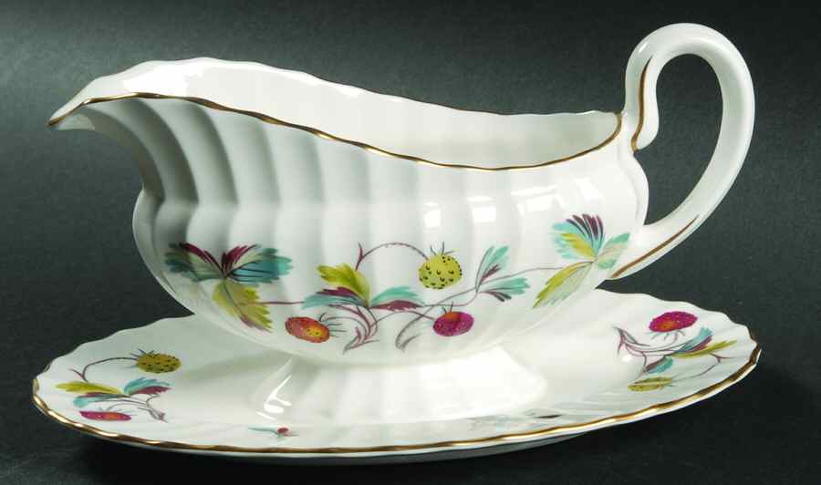 Strawberry Fair (Bone, Rim, Fluted, Gold) Gravy Boat with Attached Underplate by Royal Worcester-1