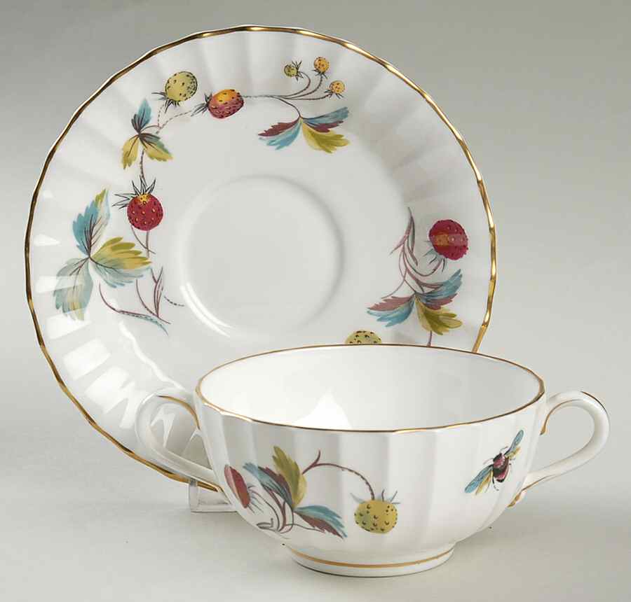 Strawberry Fair (Bone, Rim, Fluted, Gold) Footed Cream Soup Bowl & Saucer Set by Royal Worcester-1