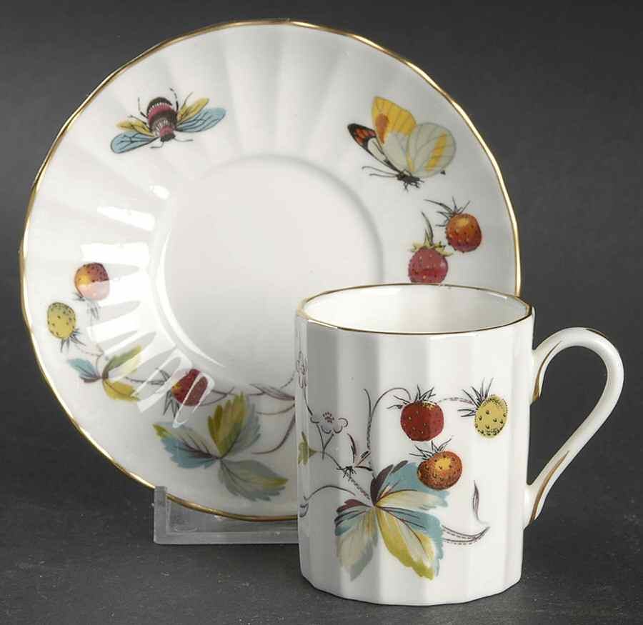Strawberry Fair (Bone, Rim, Fluted, Gold) Flat Demitasse Cup & Saucer Set by Royal Worcester-1
