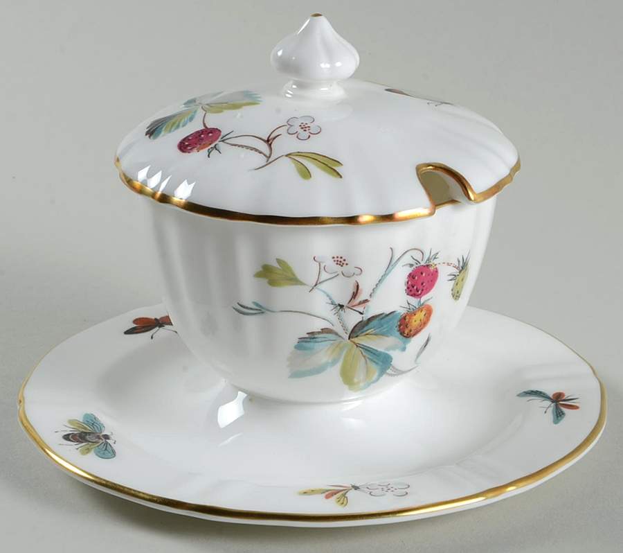 Strawberry Fair (Bone, Rim, Fluted, Gold) Jam/Jelly & Lid w/Attached Underplate by Royal Worcester-1