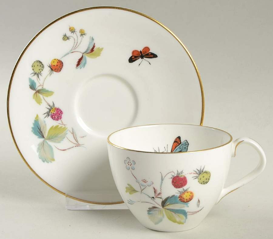 Strawberry Fair (Bone, Coupe, Smooth, Gold) Flat Demitasse Cup & Saucer Set by Royal Worcester-1