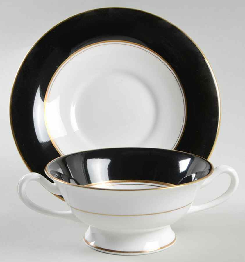 Ventura Black Footed Cream Soup Bowl & Saucer Set by Royal Worcester-1