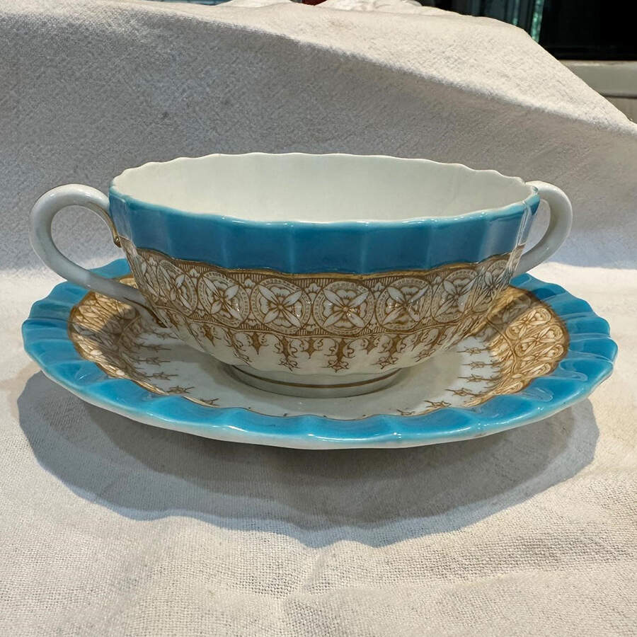 W1960 Turquoise Cream Soup Bowl & Saucer Set by Royal Worcester-1