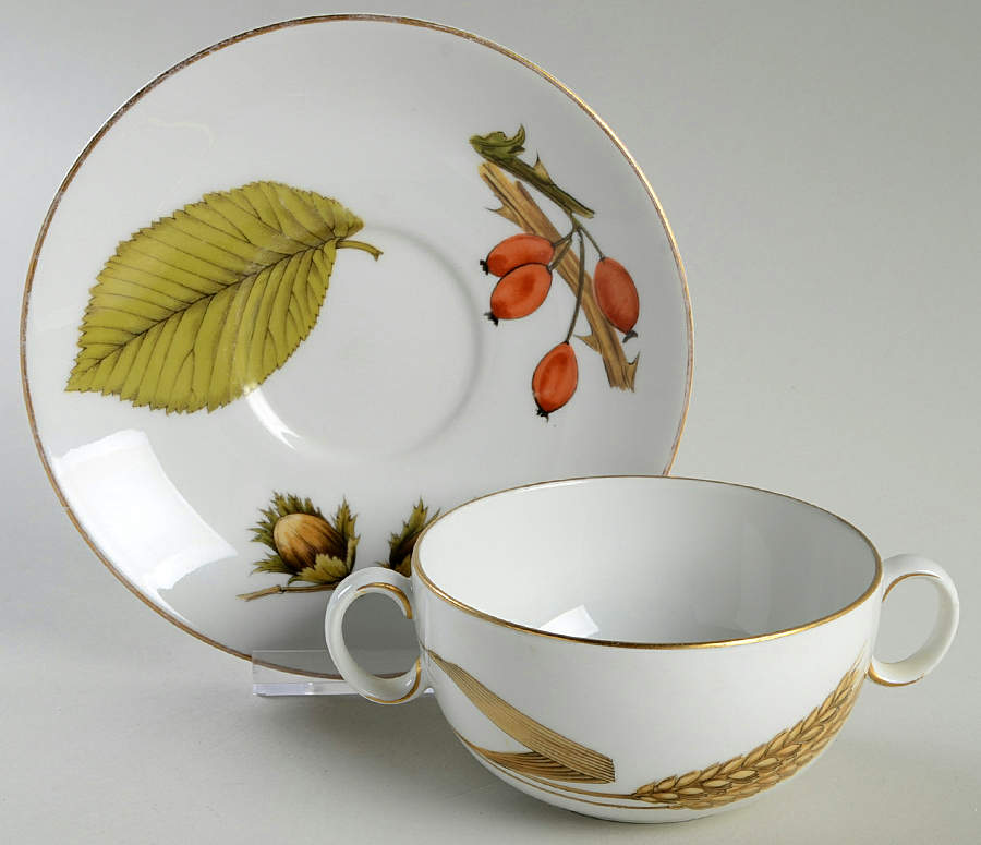 Wild Harvest (Gold Trim) Flat Cream Soup Bowl & Saucer Set by Royal Worcester-1