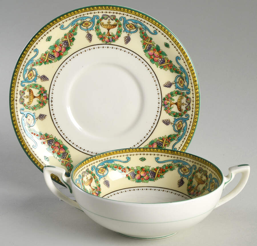 Windsor (Older, Green Trim) Cream Soup Bowl & Saucer Set by Royal Worcester-1