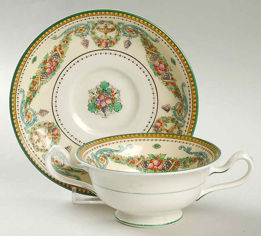 Windsor (Older, Green Trim) Footed Bouillon Cup & Saucer by Royal Worcester-1