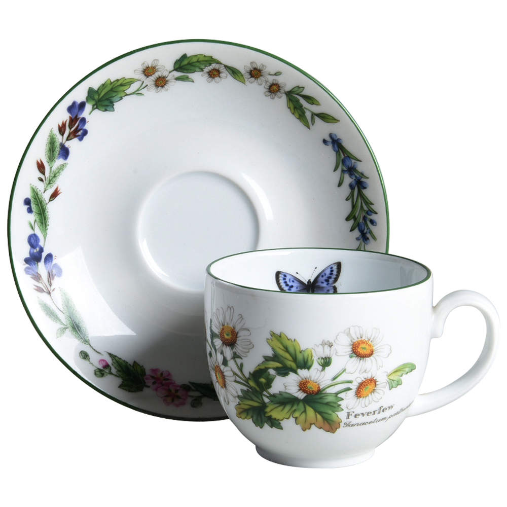 Worcester Herbs (Green Trim) Flat Cup & Saucer Set by Royal Worcester-1