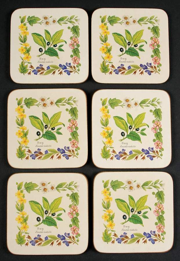 Worcester Herbs (Green Trim) Square Corkback Coaster - Set of 6 by Royal Worcester-1
