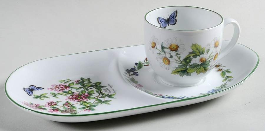 Worcester Herbs (Green Trim) Tea & Toast Snack Plate & Reg Cup Set by Royal Worcester-1