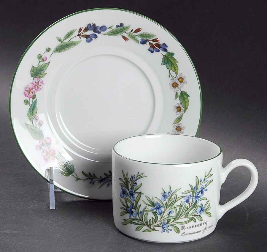 Worcester Herbs (Green Trim) Flat Cup & Saucer Set by Royal Worcester-1