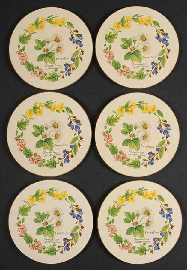 Worcester Herbs (Green Trim) 6 Piece Set Round Corkback Coaster by Royal Worcester-1