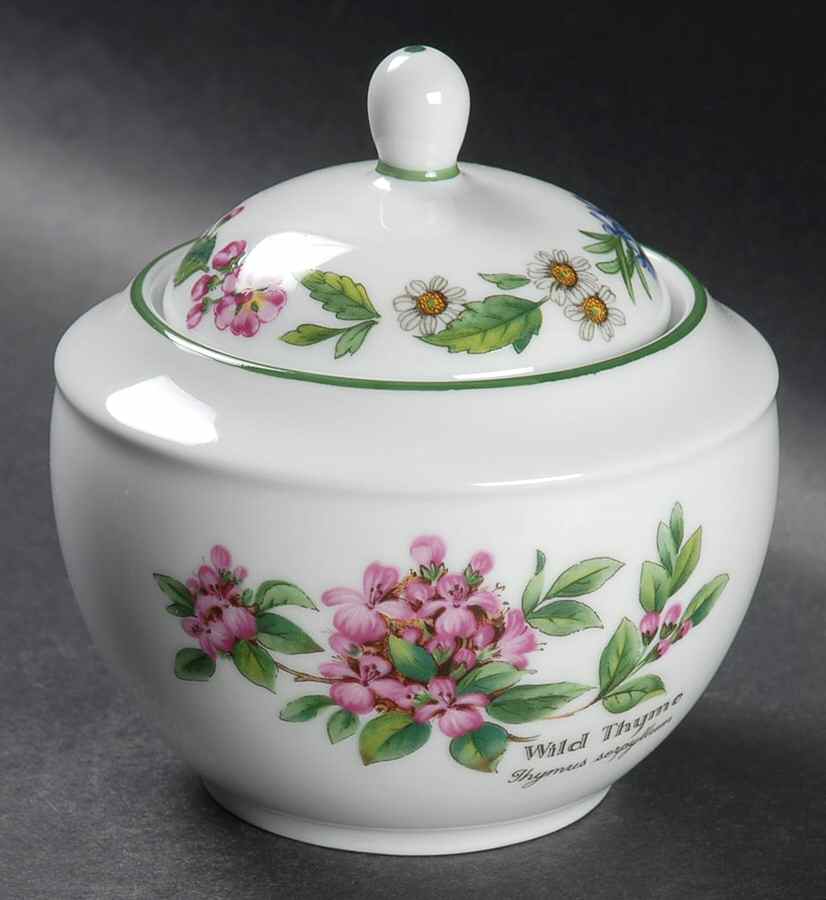Worcester Herbs (Green Trim) Sugar Bowl & Lid by Royal Worcester-1