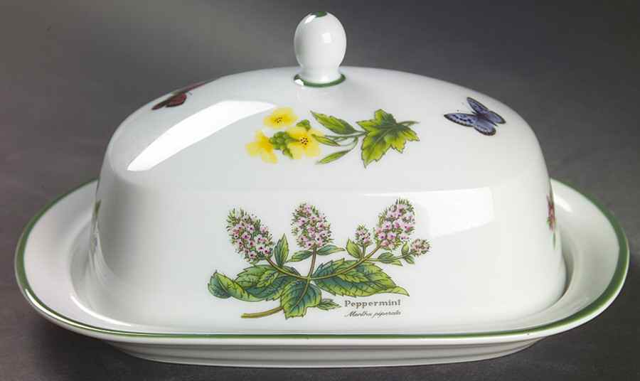 Worcester Herbs (Green Trim) Rectangular Covered Butter by Royal Worcester-1