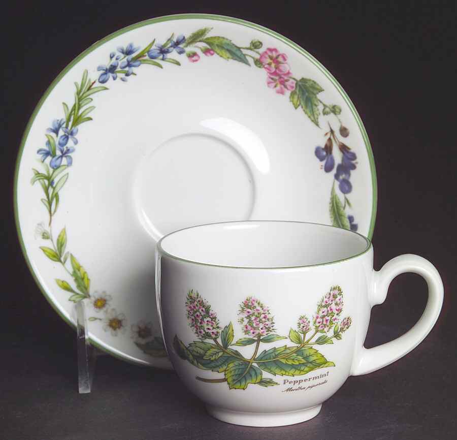 Worcester Herbs (Green Trim) Flat Demitasse Cup & Saucer Set by Royal Worcester-1