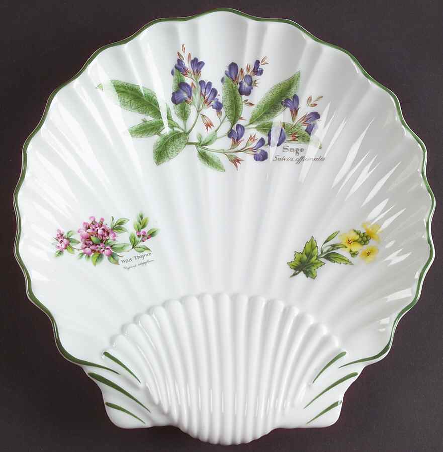 Worcester Herbs (Green Trim) Large Shell Shaped Dish by Royal Worcester-1