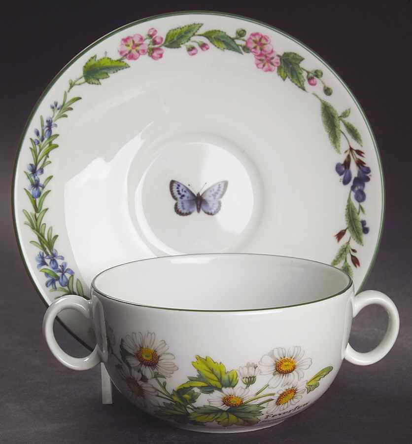 Worcester Herbs (Green Trim) Flat Cream Soup Bowl & Saucer Set by Royal Worcester-1