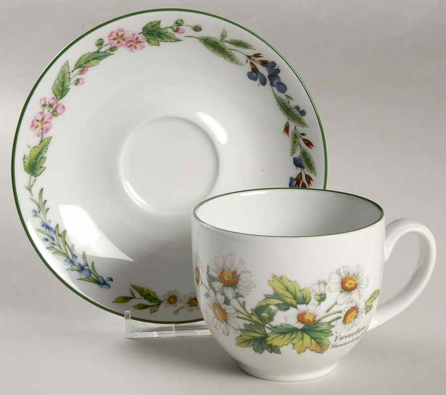 Worcester Herbs (Green Trim) Flat Cup & Saucer Set by Royal Worcester-1