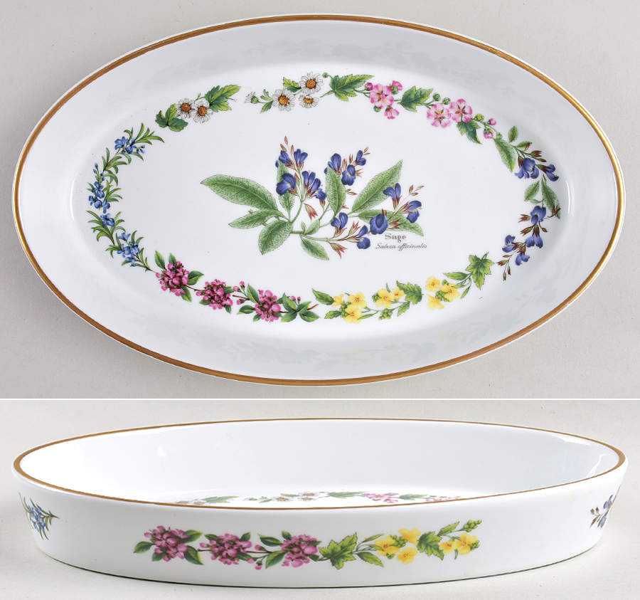 Worcester Herbs (Gold Trim) 12'' Oval Baker by Royal Worcester-1
