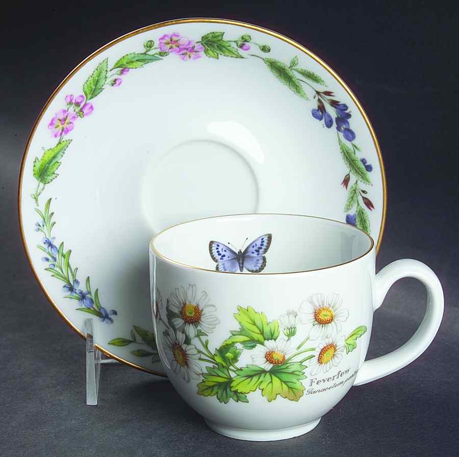 Worcester Herbs (Gold Trim) Flat Cup & Saucer Set by Royal Worcester-1