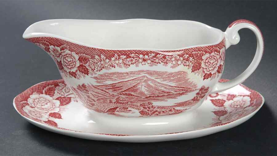Lochs of Scotland Red Gravy Boat with Attached Underplate by Royal Warwick-1