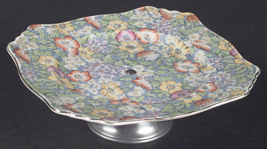 Anemone Blue Footed Cake Plate w/Metal Base by Royal Winton-1