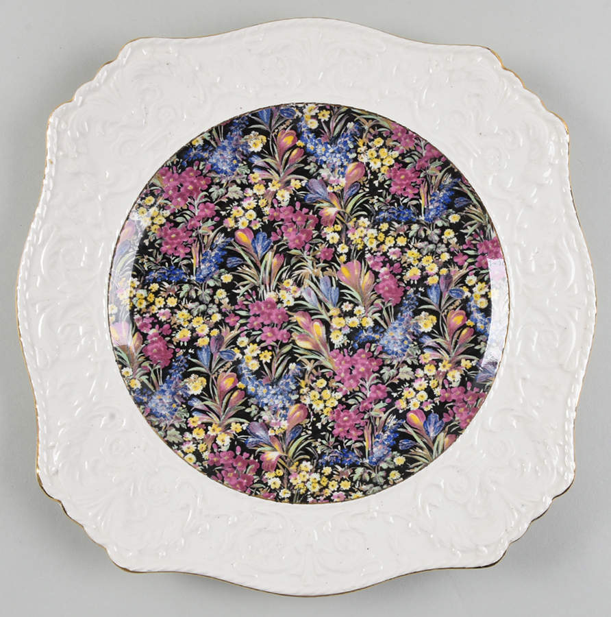 Crocus Black Dinner Plate wWedgwood Border by Royal Winton-1