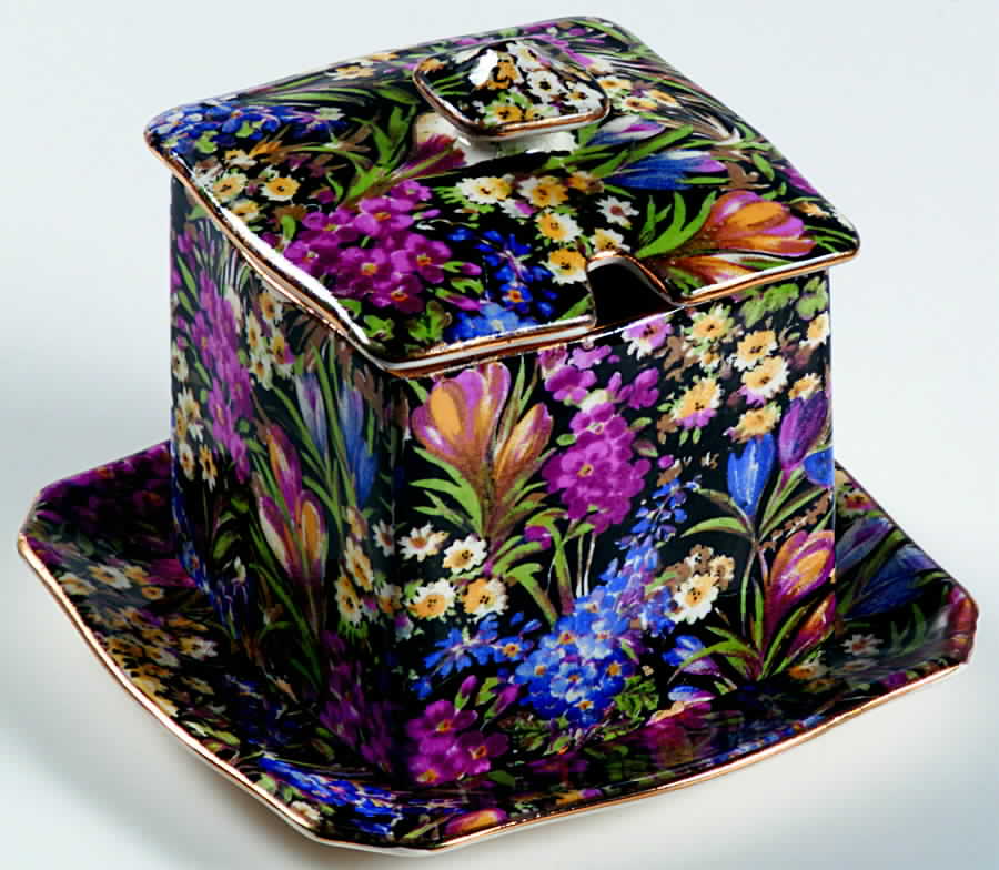 Crocus Black Jam/Jelly & Lid W/Underplate by Royal Winton-1