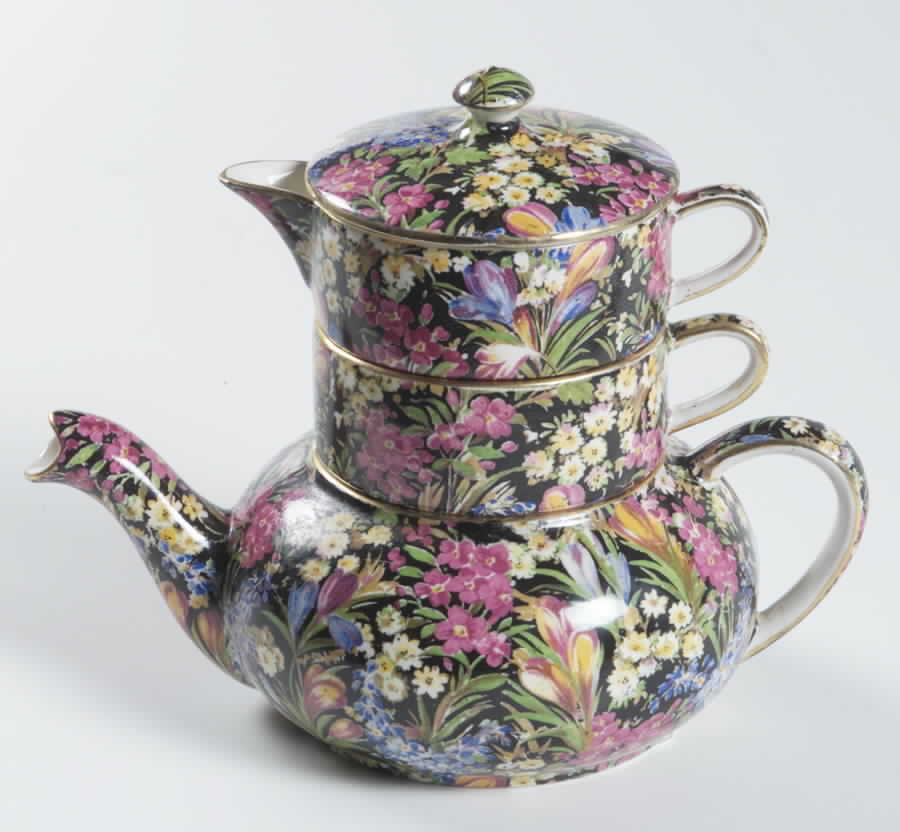 Crocus Black Mini Teapot Stacking Set (Creamer, Sugar) by Royal Winton-1