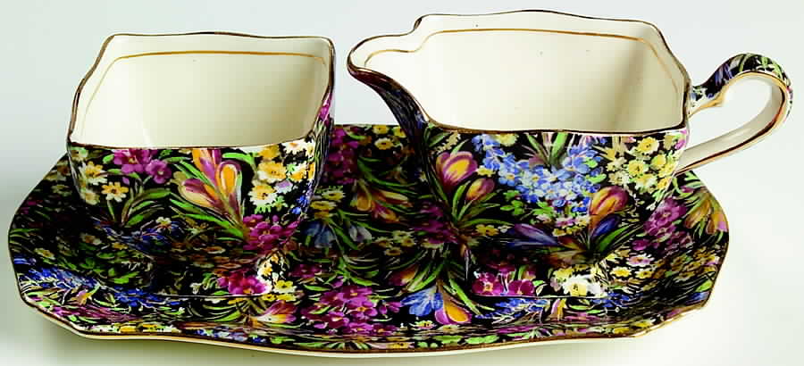 Crocus Black Ascot Creamer & Open Sugar with Tray by Royal Winton-1
