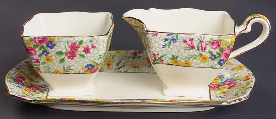 Fireglow (White Background) Creamer & Open Sugar with Tray by Royal Winton-1
