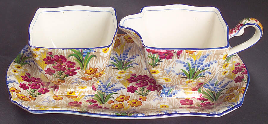Marguerite (Blue Trim) Mini Creamer & Open Sugar with Tray by Royal Winton-1