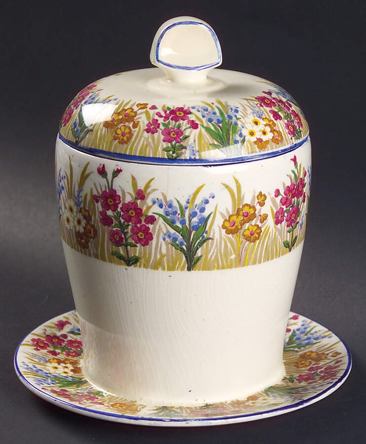 Marguerite (Blue Trim) Honey Pot with Lid and Attached Plate by Royal Winton-1